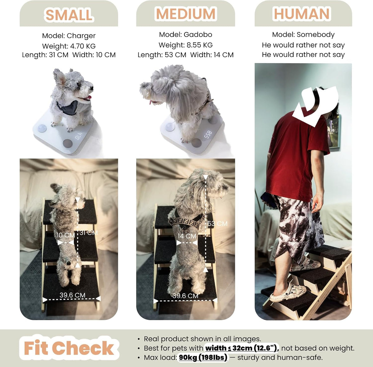 Three-panel fit check showing a small dog, a medium dog, and a person using the stairs to demonstrate size fit.