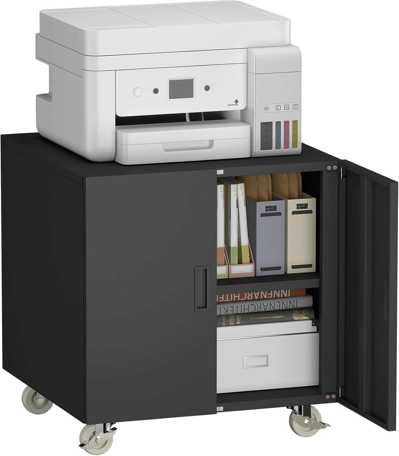 Black metal rolling cabinet with a white printer on top; right door open showing folders, a box and magazines, and caster