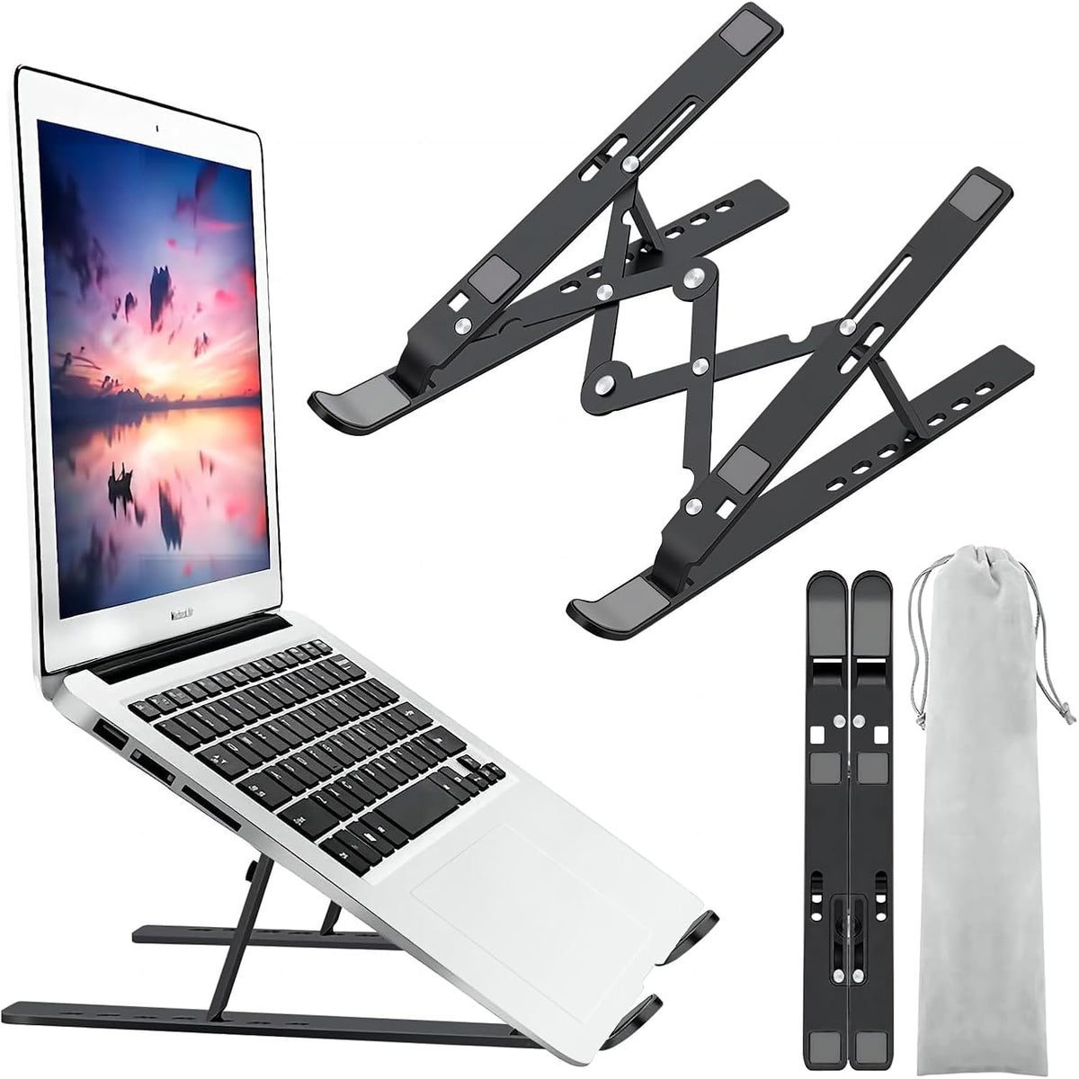 Black foldable stand shown in multiple positions alongside a laptop and a grey drawstring pouch.