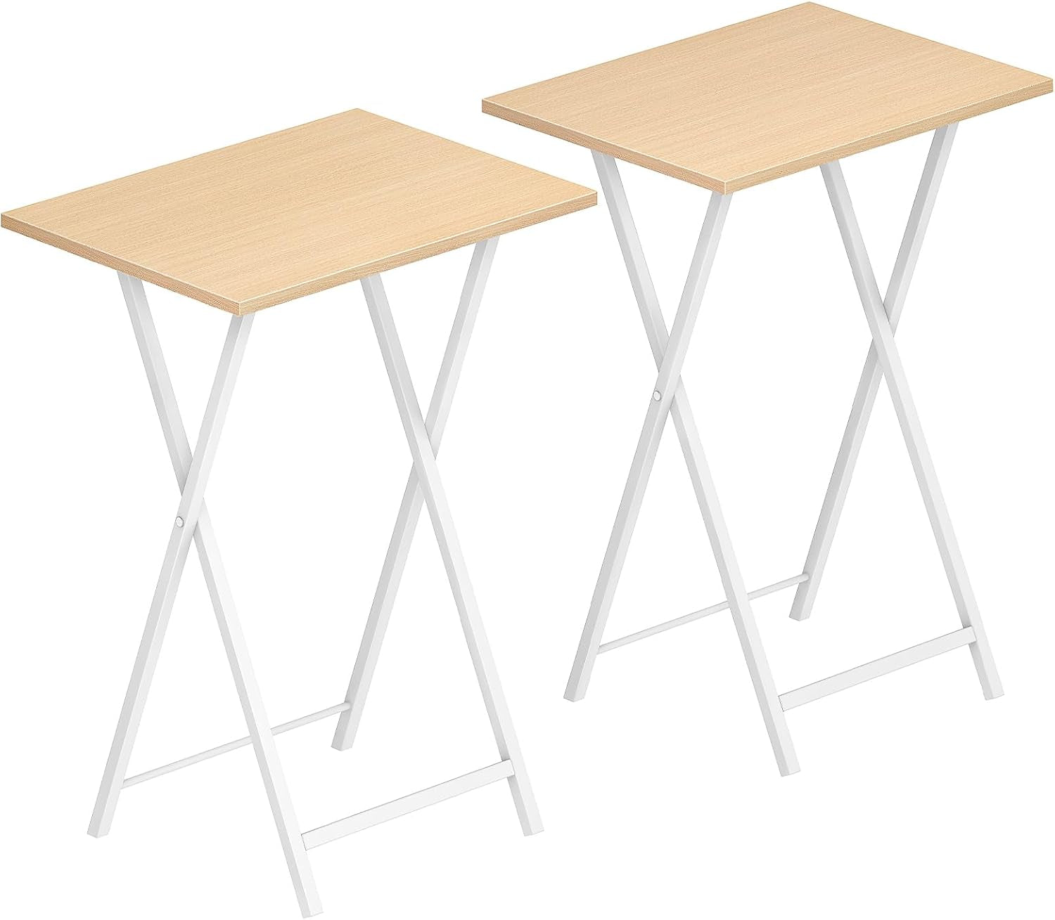 Two folding TV tray tables with light wood rectangular tops and white X-shaped metal legs