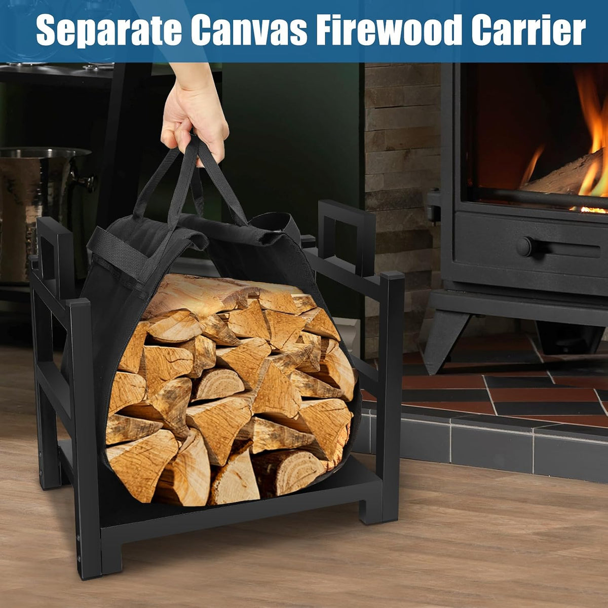 Hand lifting the canvas firewood carrier from the black rack beside a lit wood stove