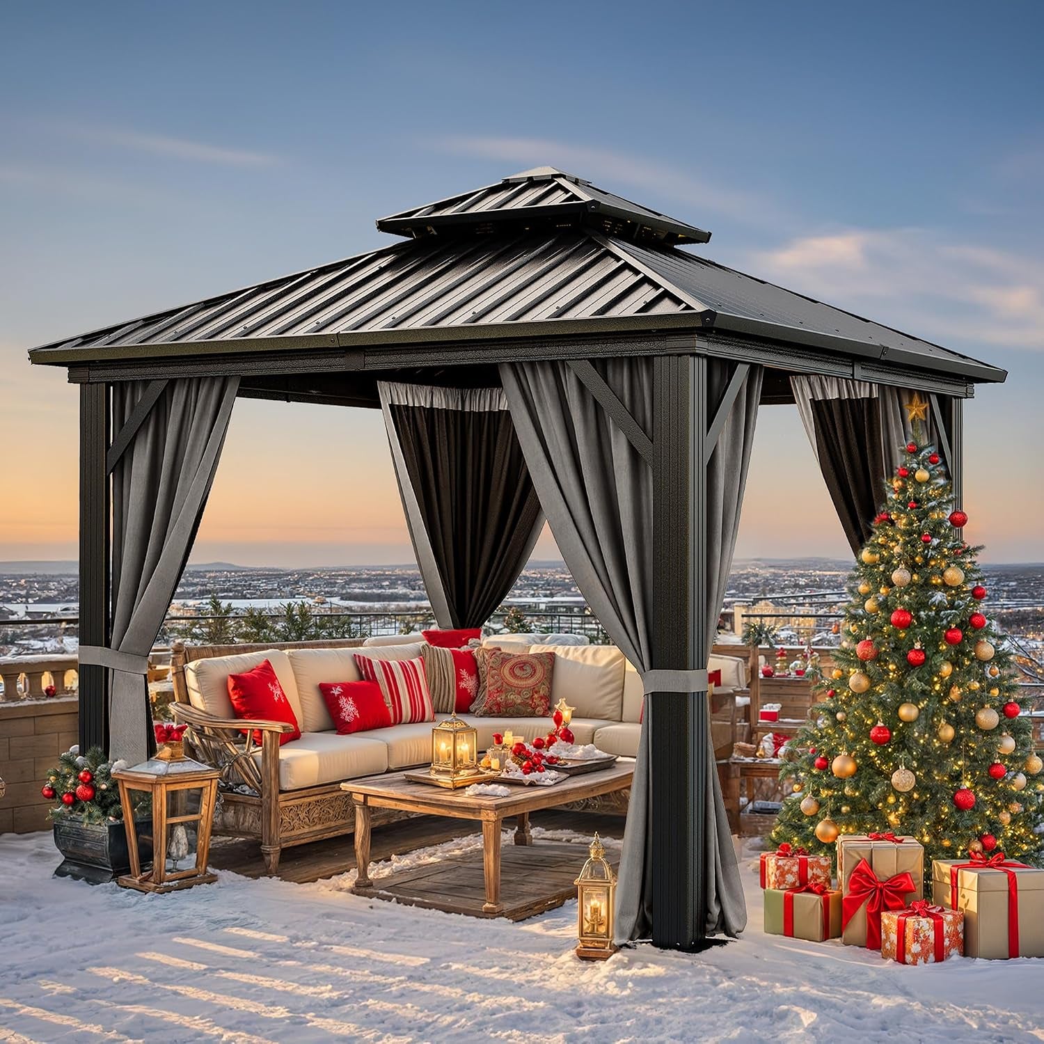 Gray hardtop gazebo with closed gray curtains and outdoor sofa on a snow-covered rooftop at sunset