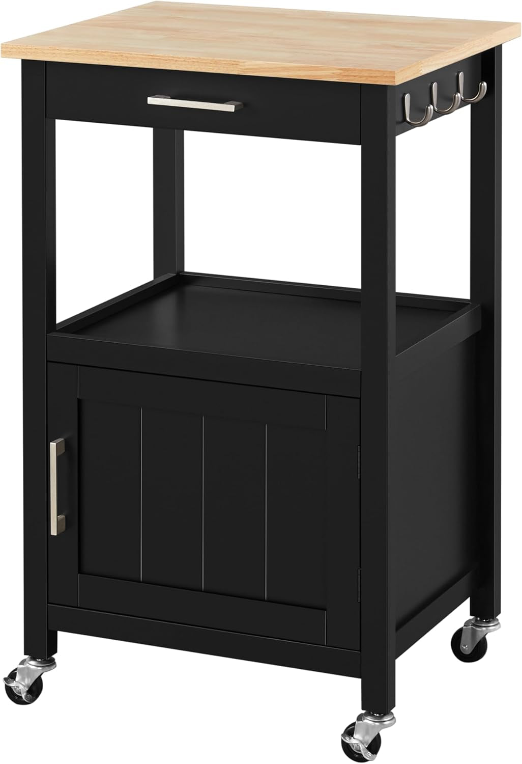 Black rolling kitchen cart with wood top, side hooks, drawer, lower shelf and cabinet on casters.
