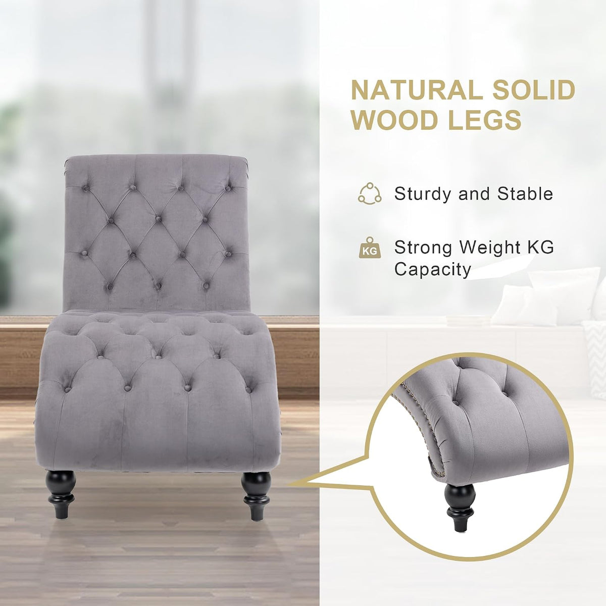 Front view of a grey tufted chaise lounge with dark wood legs