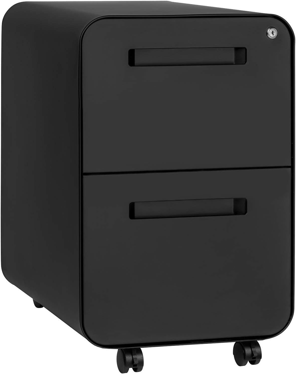 Black two-drawer metal mobile file cabinet on casters, rounded corners, front lock at top right