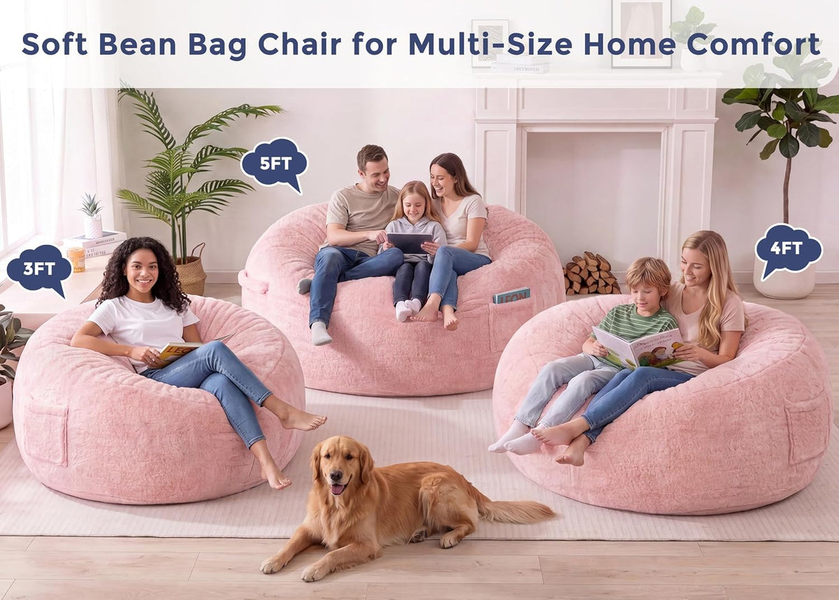 Living room scene with three pink bean bag chairs of different sizes occupied by families and a golden retriever in front.