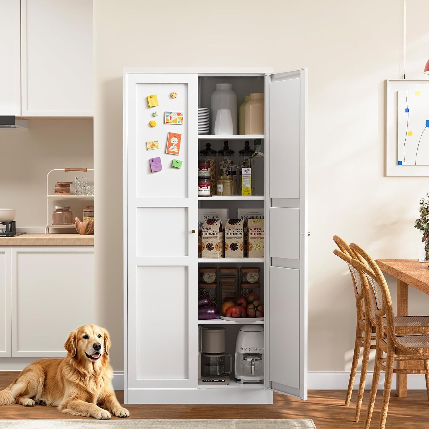 White pantry cabinet with one door open, kitchen items inside and a dog lying on the floor.
