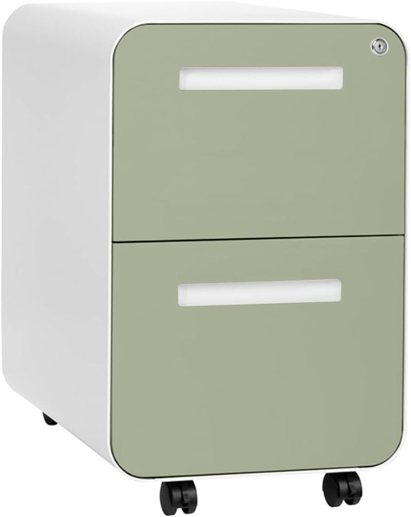 Two-drawer mobile file cabinet with white curved sides and sage-green drawer fronts on caster wheels.