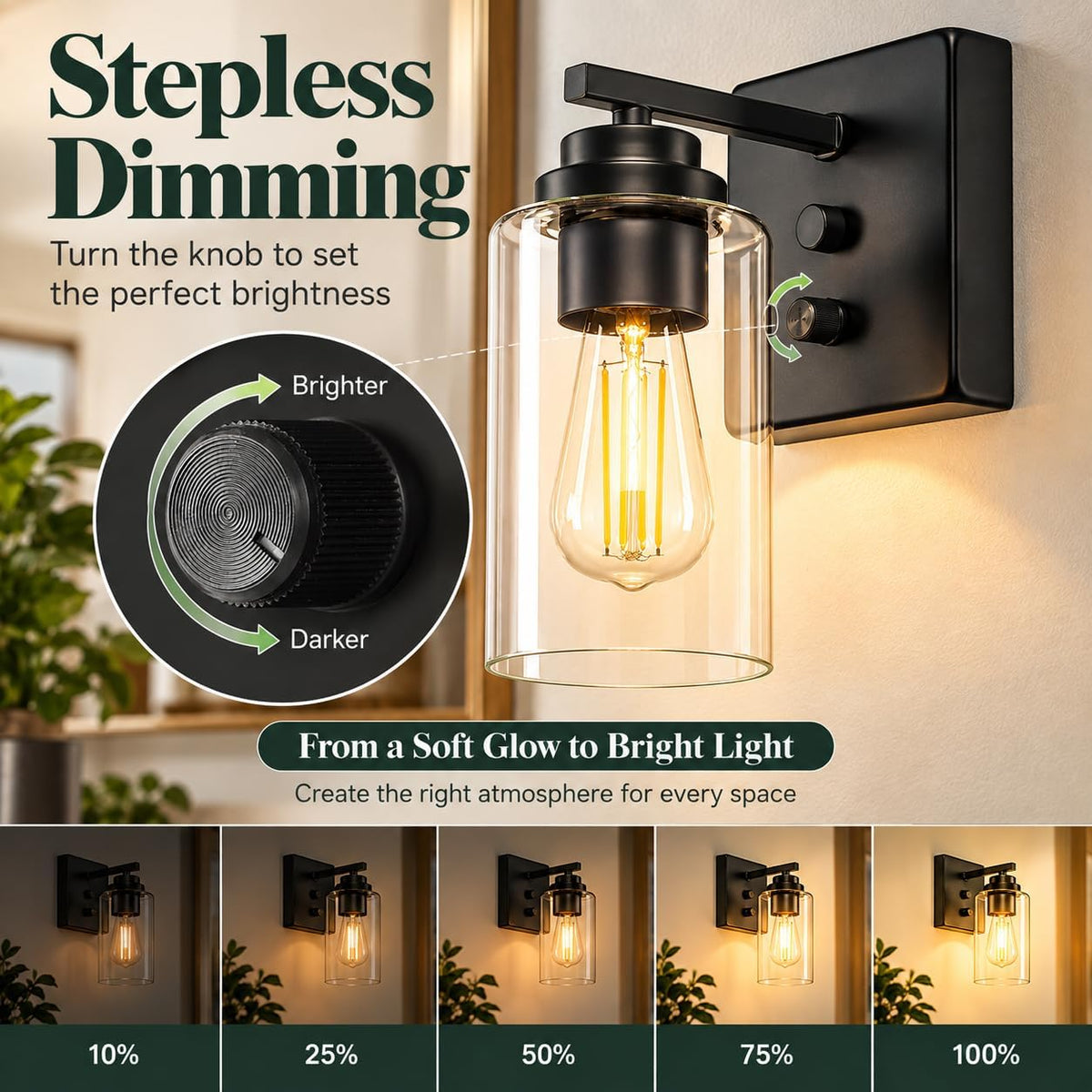 Sconce close-up with rotary dimmer knob and a five-stage brightness montage showing dimming levels