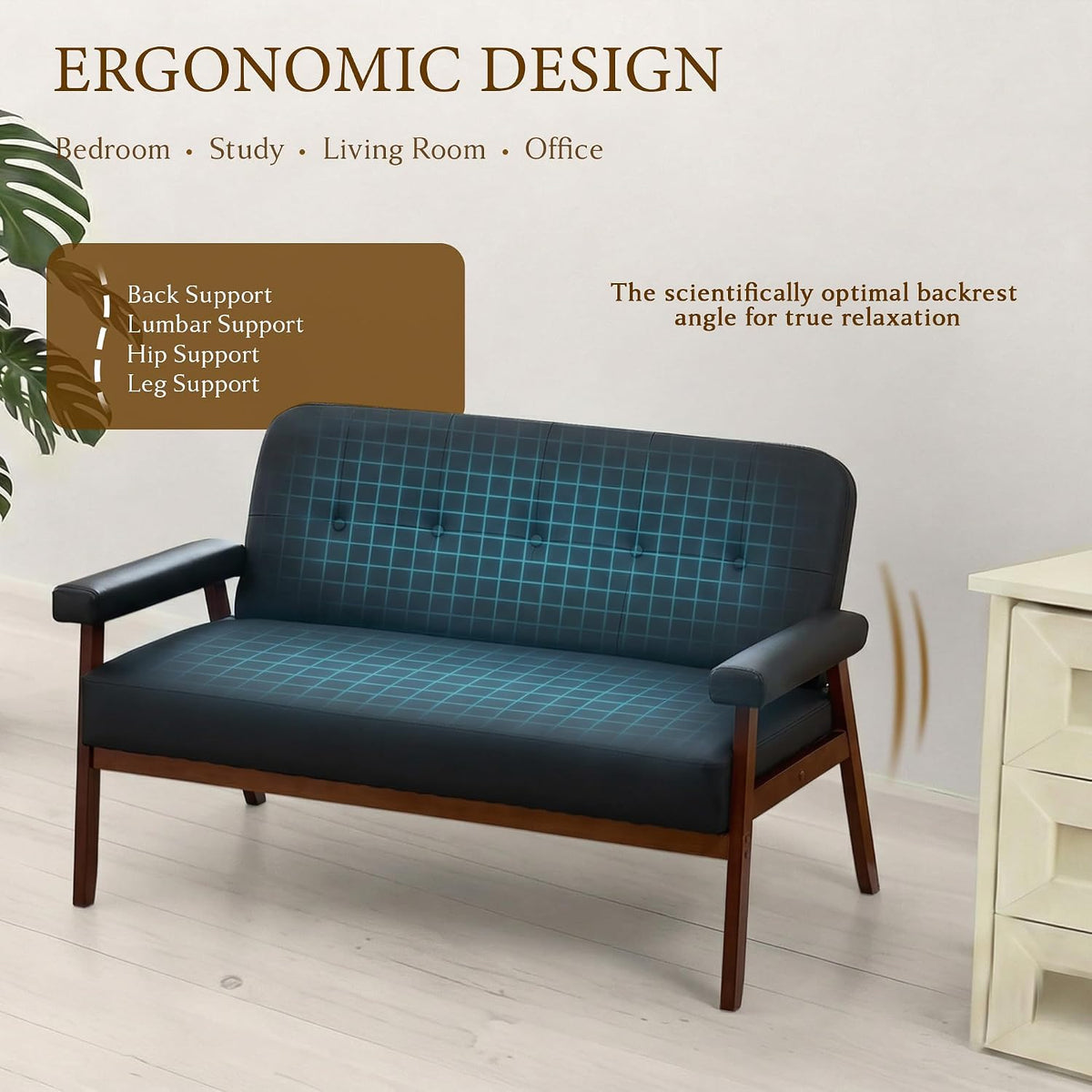Tufted black loveseat shown with an ergonomic grid overlay and padded wood-covered armrests in a staged room