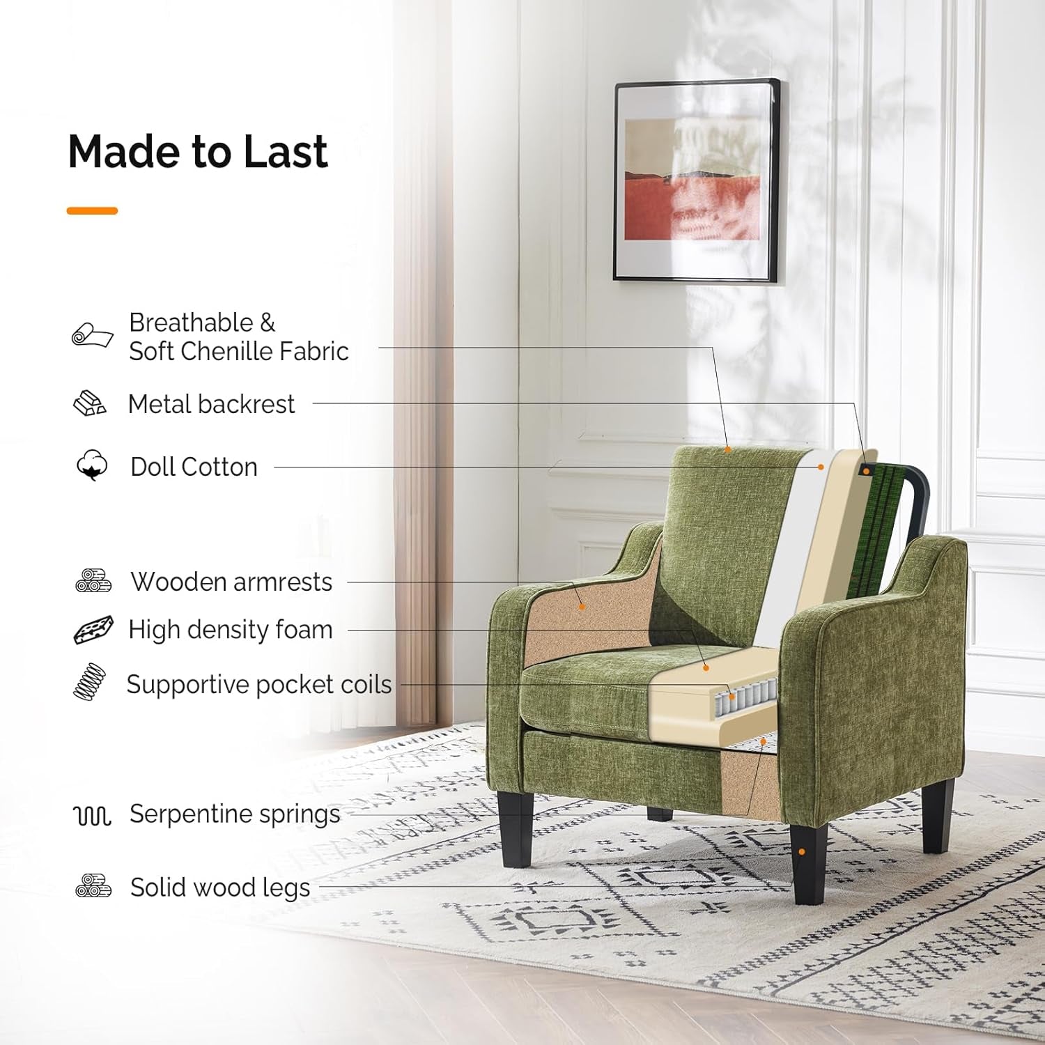 Single green armchair with a layered cutaway showing internal foam, coils and frame components.