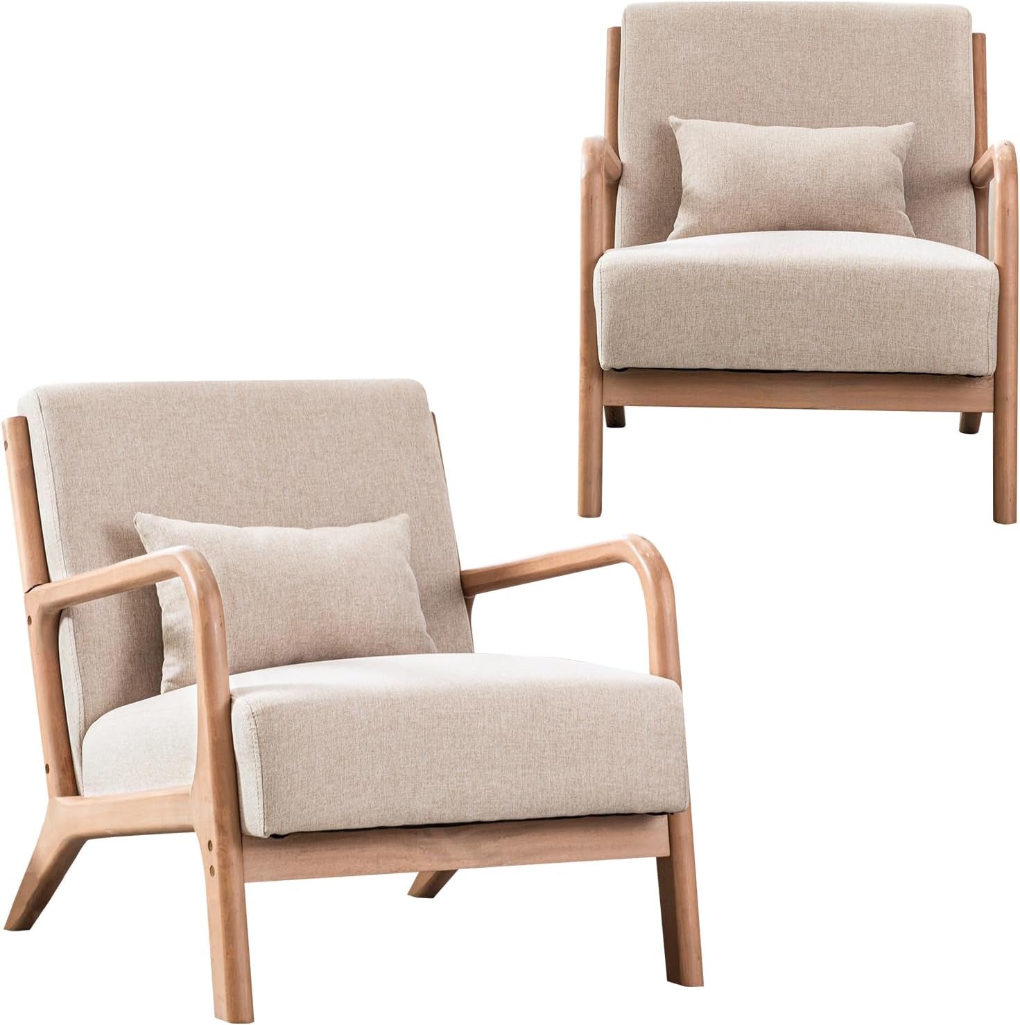 Two studio views of a light beige mid-century armchair with wooden frame and lumbar pillow.