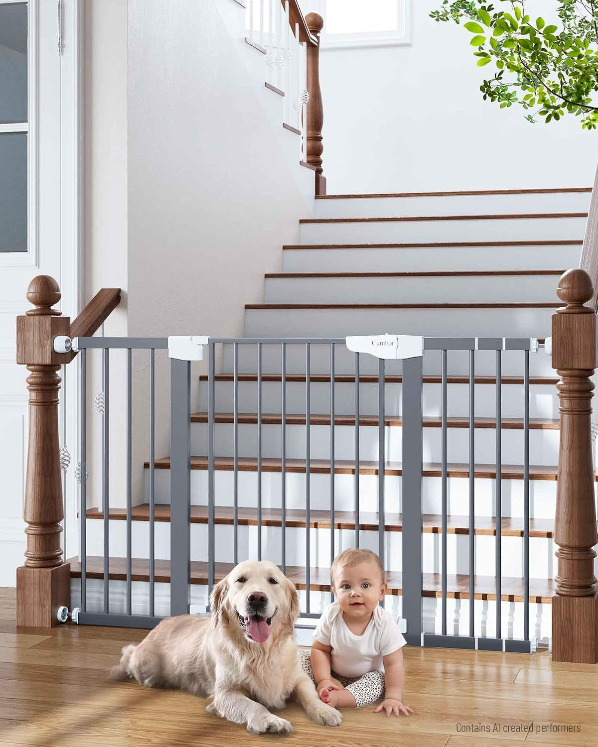 Gray safety gate installed at the base of a staircase with a dog lying down and a baby sitting in front.