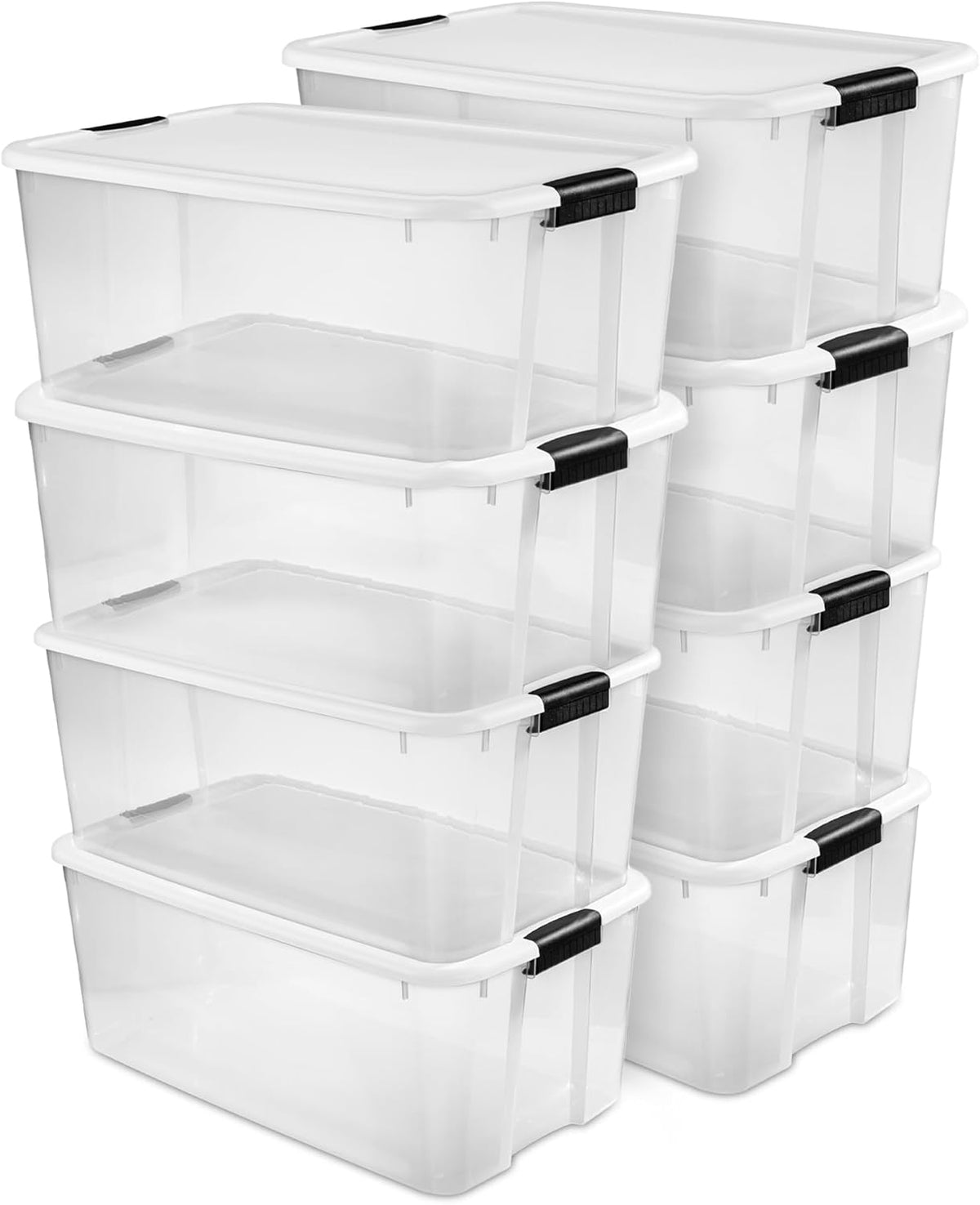 Multiple clear storage bins with white lids and black latches shown stacked in two columns