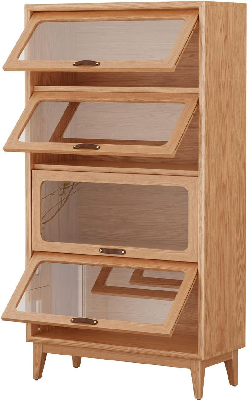 Light brown wood four-tier bookcase front view with three glass flip-up doors open