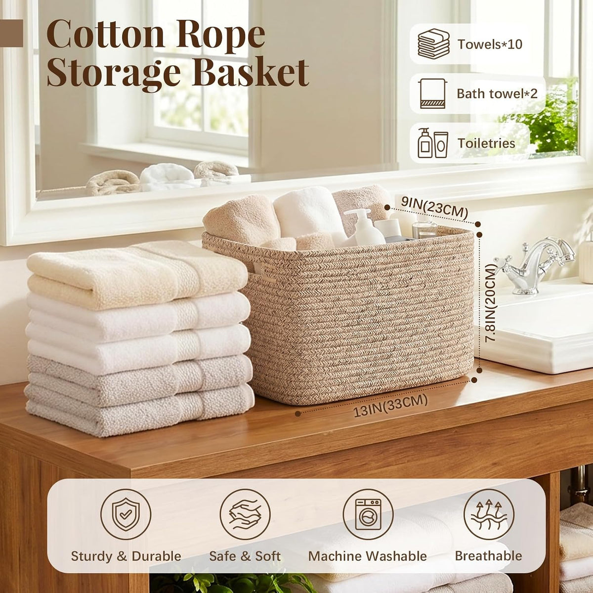 Rectangular cotton rope basket on a wood countertop holding folded towels with dimension overlay