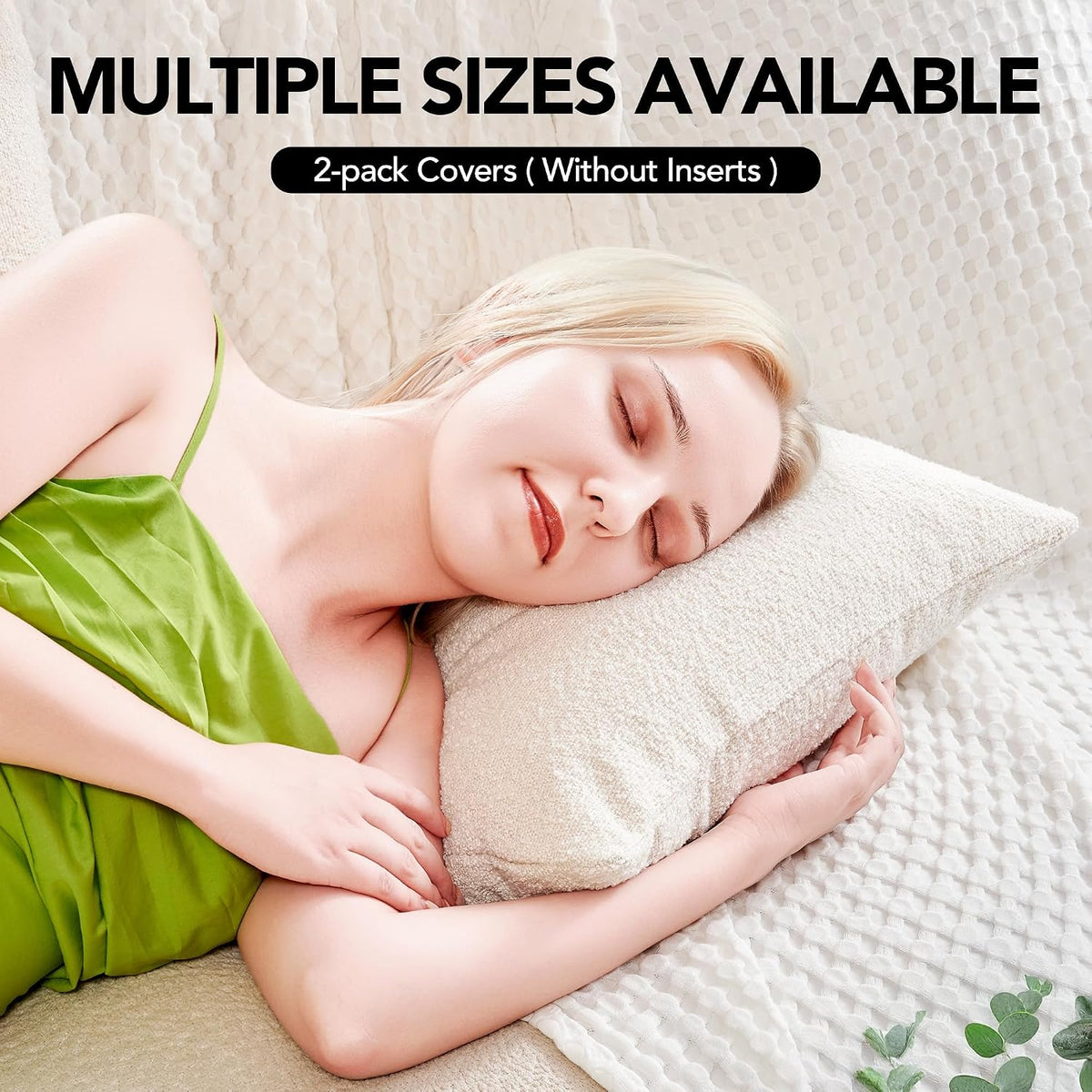 Close-up of a woman resting her head on a textured cream pillow on a bed or sofa
