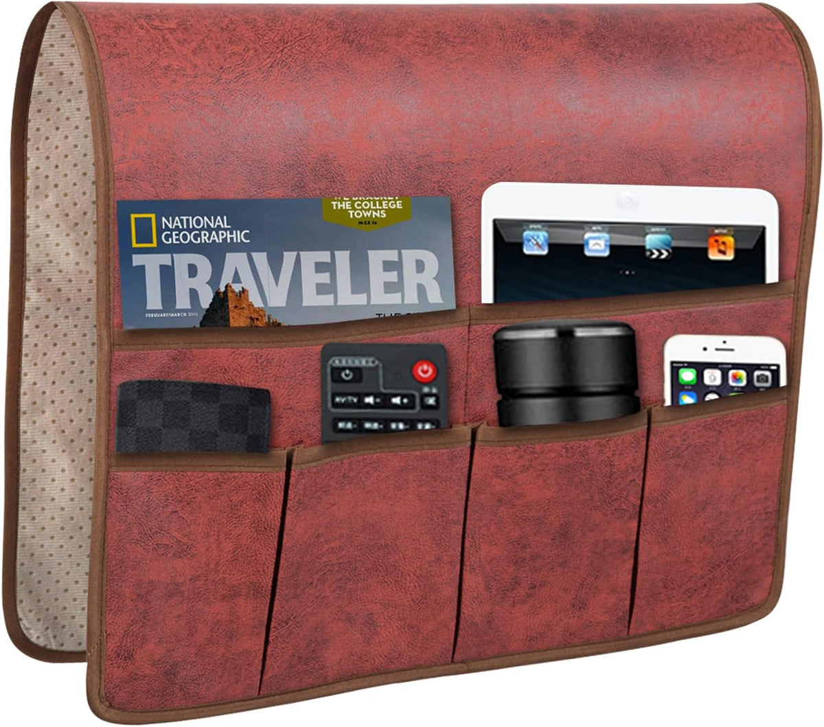 Red faux-leather armrest caddy shown alone on white background displaying tablet and phone pockets.