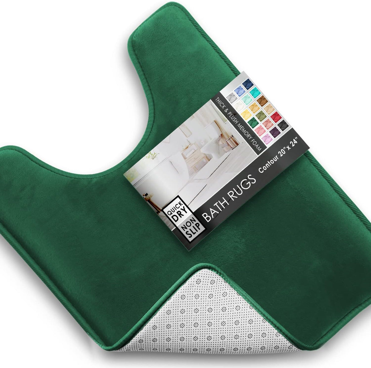 Close angled view of an emerald green U-shaped contour mat showing plush top and non-slip dotted underside corner