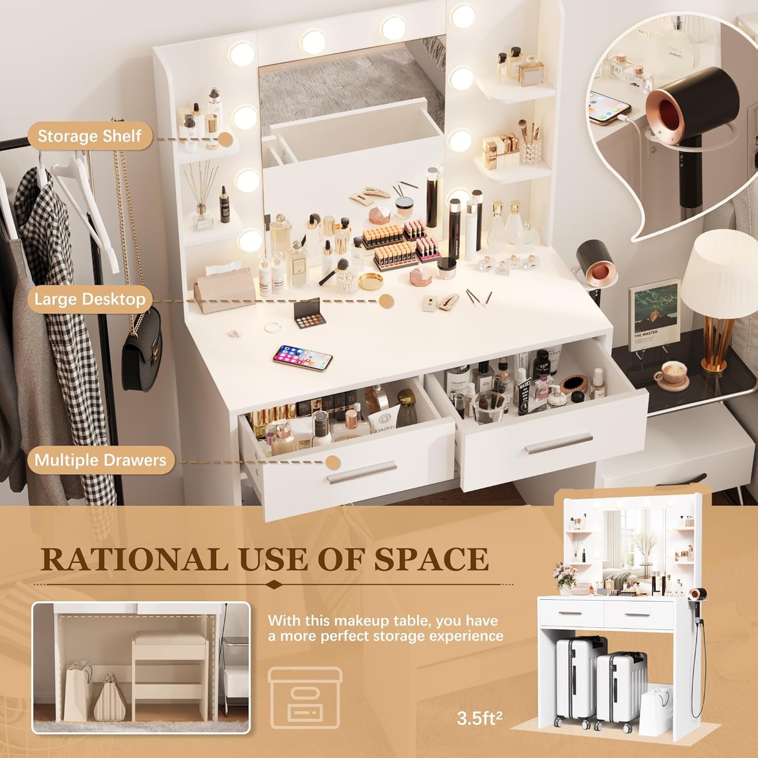 Overhead close-up of the white vanity tabletop with cosmetics, open drawers and the large mirror.