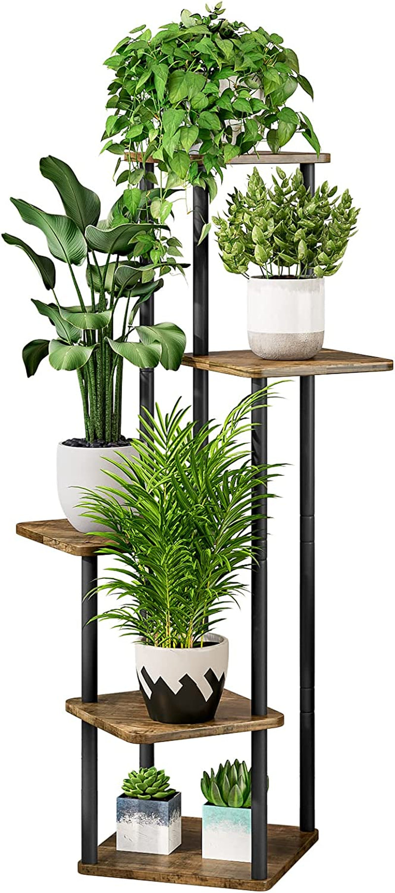 Close-up front view of the corner plant stand holding several potted plants on staggered shelves