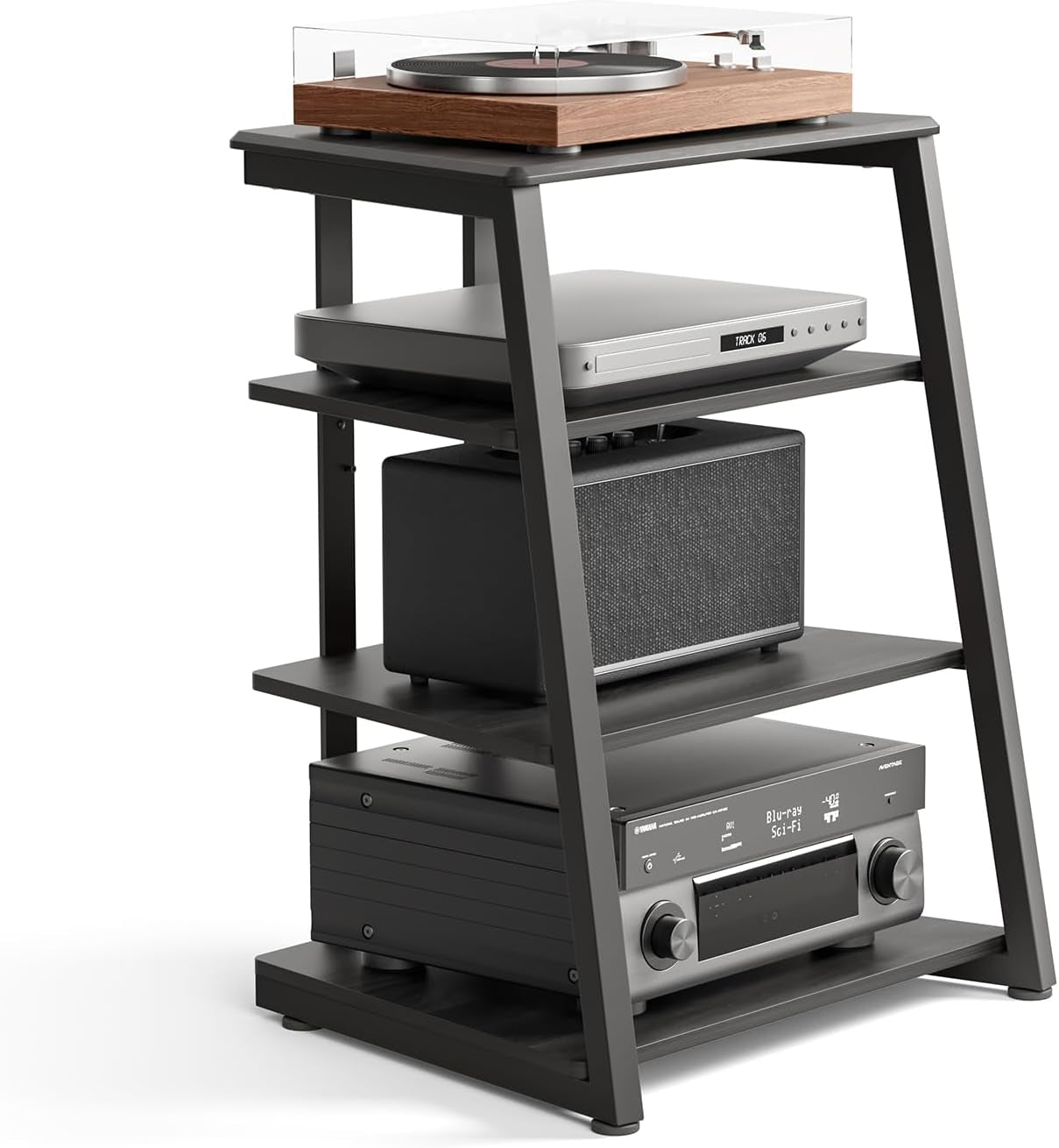 Close-up of the stand in a dark charcoal finish showing three shelves loaded with audio components.