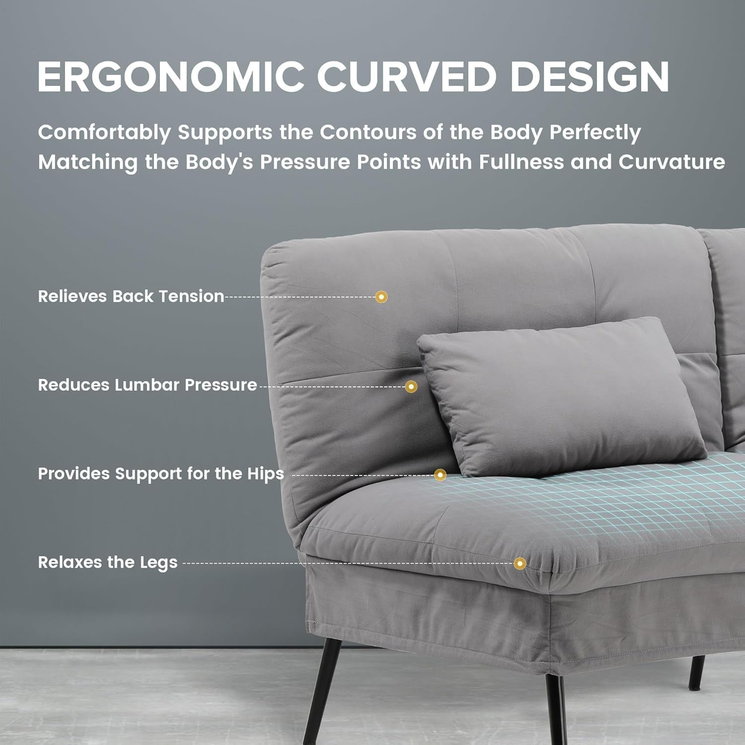Close-up of grey fabric seat and back showing ergonomic curved design and lumbar support