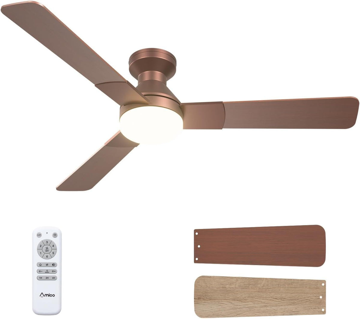 Angled view of a warm bronze three-blade ceiling fan with its light on, remote and two spare blade panels below.