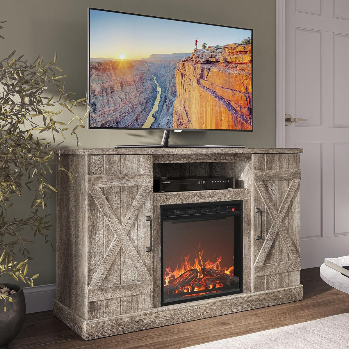 Top and upper shelf of farmhouse TV stand in Ashland Pine finish with a flat-screen TV and plant decor, angled close view
