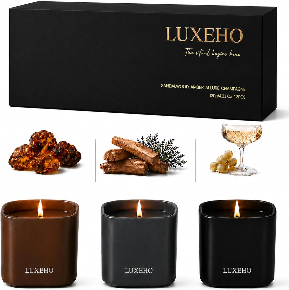 Black rectangular gift box with gold lettering positioned above three scent illustrations and three matte jars.