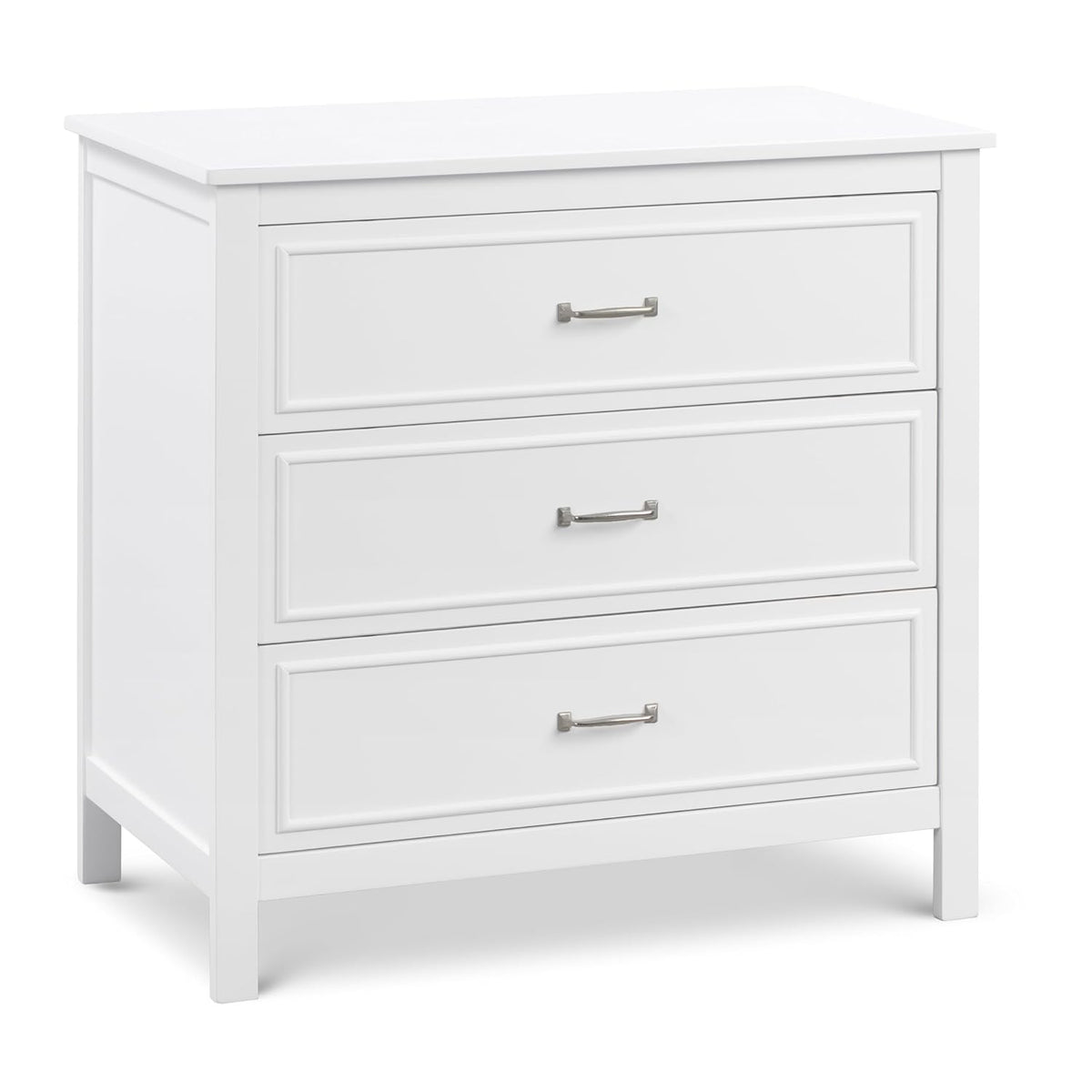 Close-up front view of dresser drawers showing white recessed drawer fronts and satin metal handles