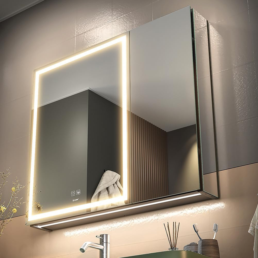 Mirrored bathroom cabinet with illuminated rectangular LED border, open edge showing cabinet depth and under-cabinet lighting