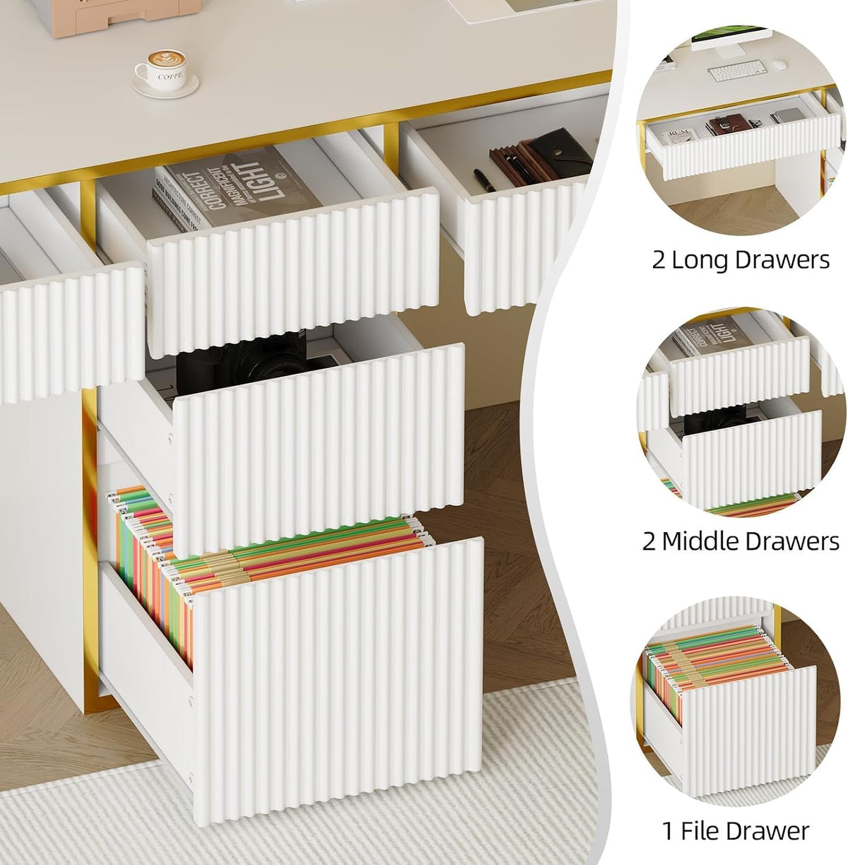 Close-up of fluted drawer fronts and the center drawer unit showing an open file drawer with folders