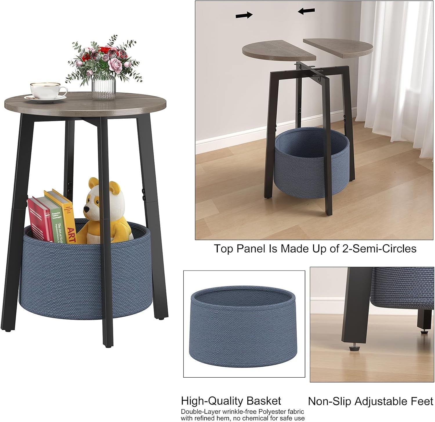 Collage showing the table upright, split top panels, separate basket close-up, and adjustable feet detail.