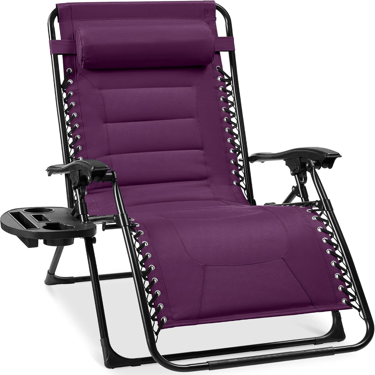 Angled close view of a purple padded zero-gravity recliner with cup tray and pillow