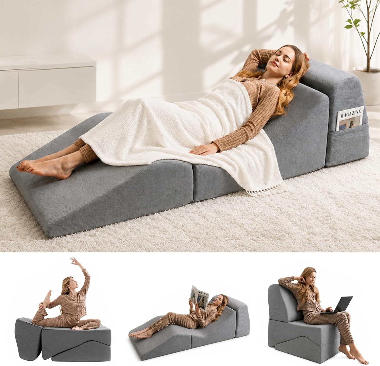 Detail view of the lounge fully unfolded into a flat bed with a woman covered by a blanket and three small thumbnails