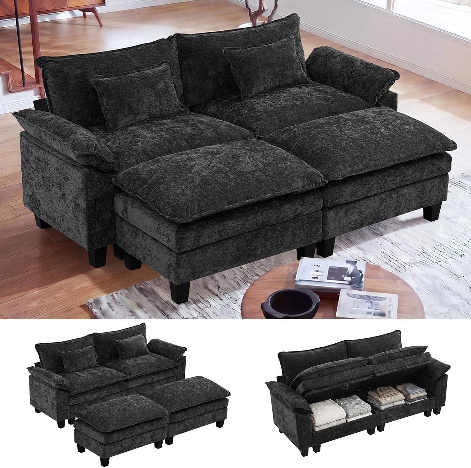 Charcoal-black modular sectional with two ottomans in a staged room; inset images show ottomans and the rear storage