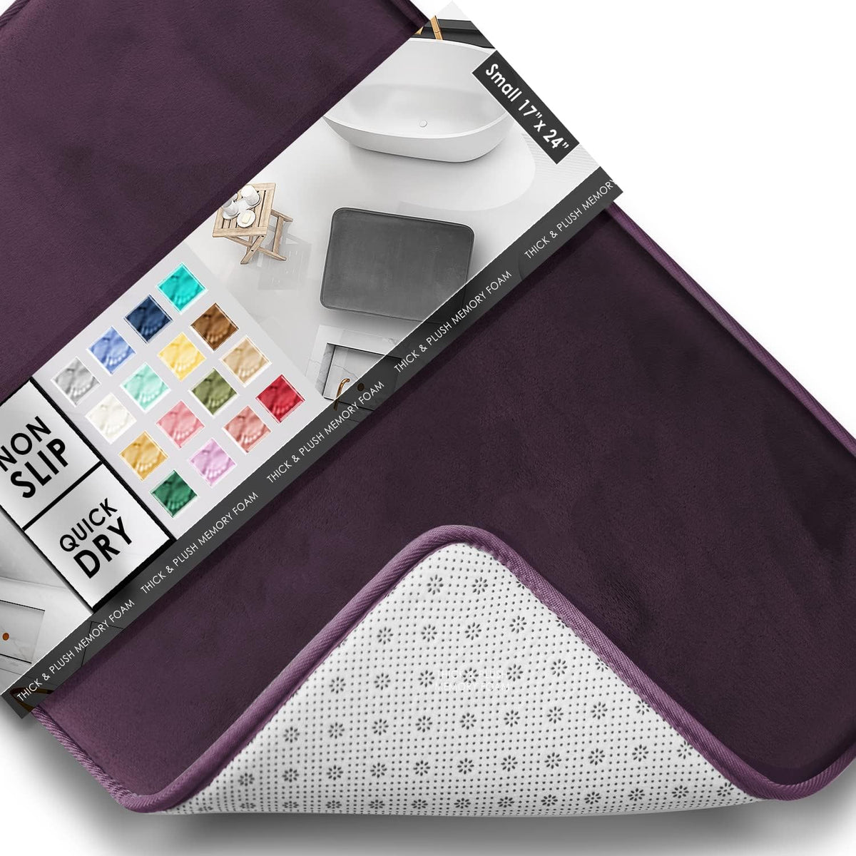 Close-up of a deep purple bath mat corner showing plush top and dotted non-slip backing.