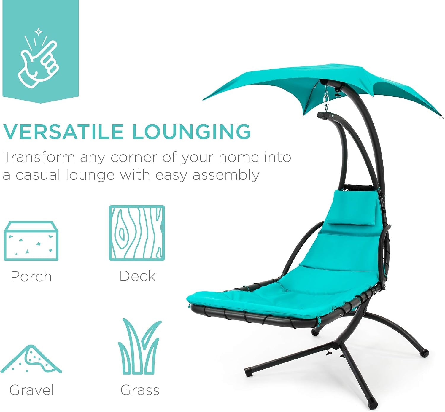 Teal cushioned hanging chaise lounge with removable canopy on a black metal stand against white background.