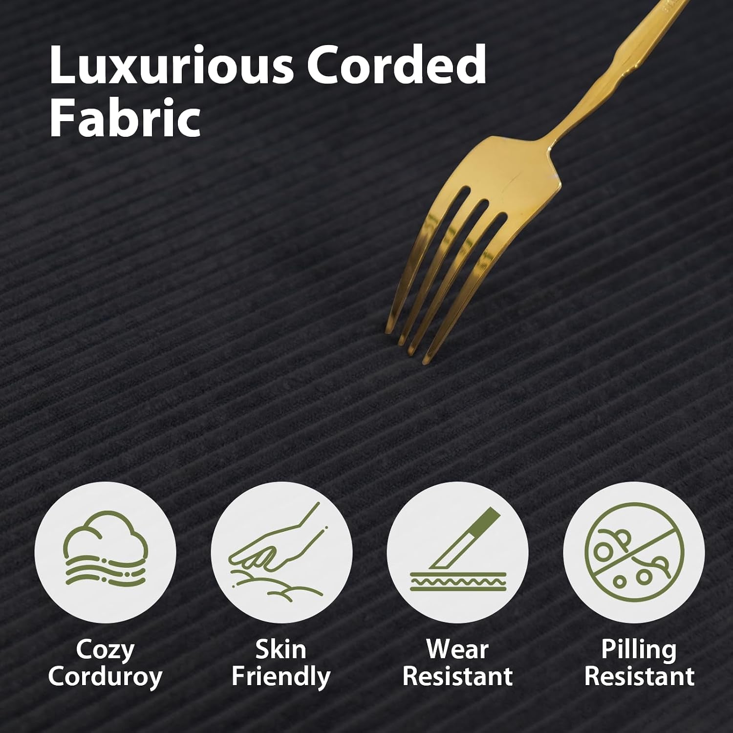 Close-up of black corduroy fabric texture with fork illustrating the corded pattern and wear-resistant icons