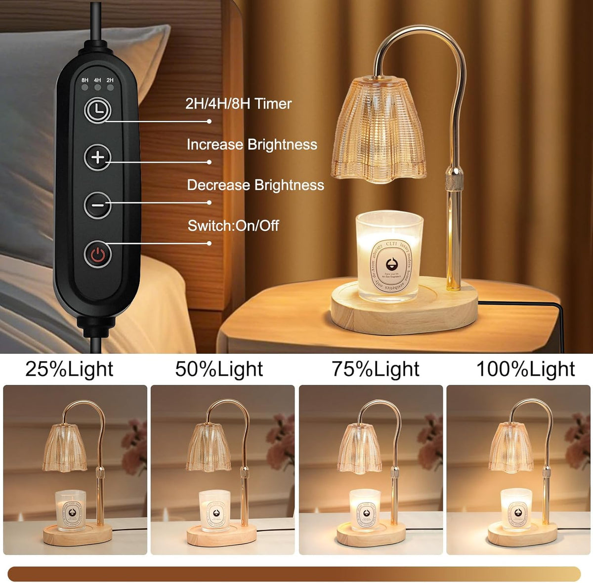 Inline control switch with timer and plus/minus dimmer buttons beside the lamp and four lighting level examples