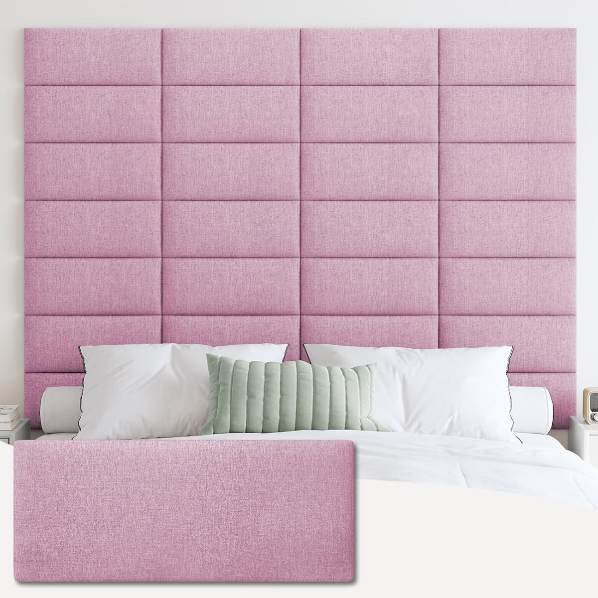 Tall blush-pink tufted rectangular wall panels mounted behind a bed, shown with a matching pink sample panel at the bottom.