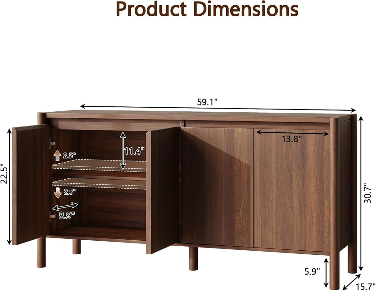 Cabinet product diagram showing an open door, interior adjustable shelf positions, and annotated measurements