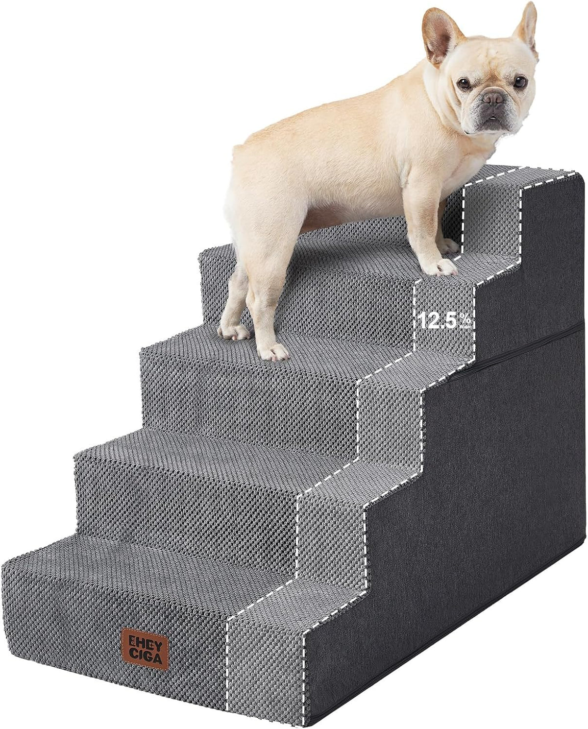 Tan French bulldog on four-step gray pet stairs with dashed outline highlighting step edges