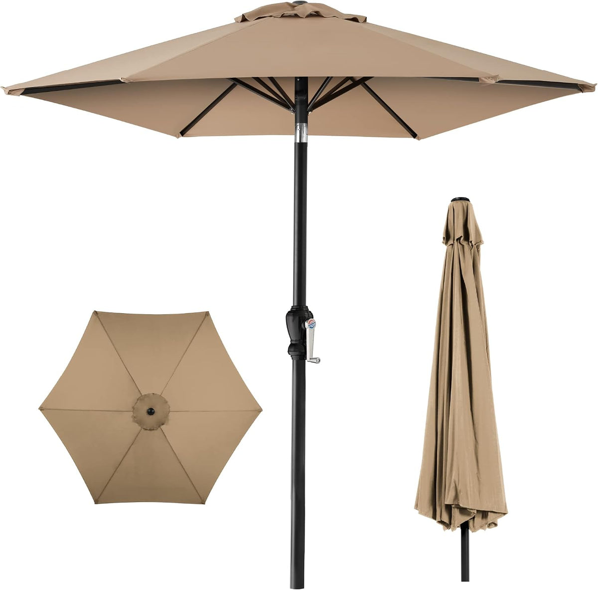 Tan 10ft umbrella open over a black pole with separate top-down view and closed cover at right
