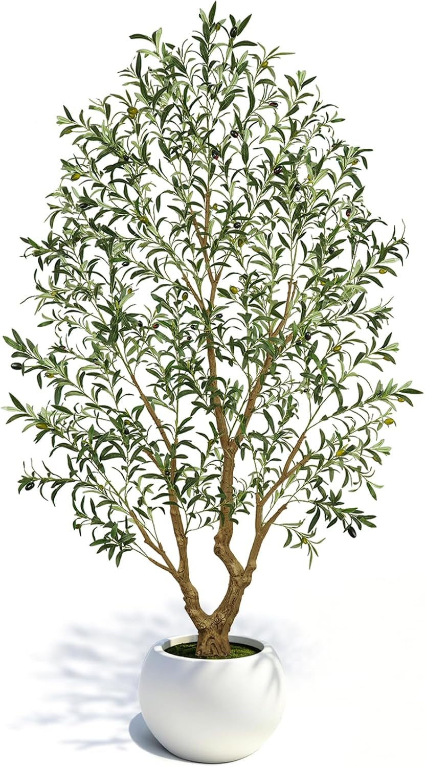 Tall artificial olive tree shown from the front in a round white pot against a white backdrop.