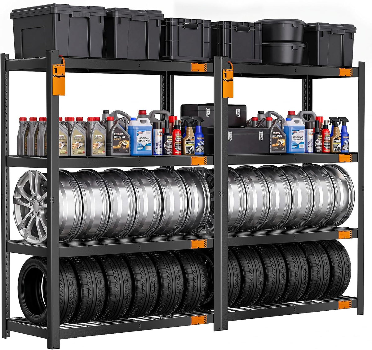 Black five‑tier metal shelf shown front-on, loaded with stacked tires, rows of silver rims, oil bottles and black storage