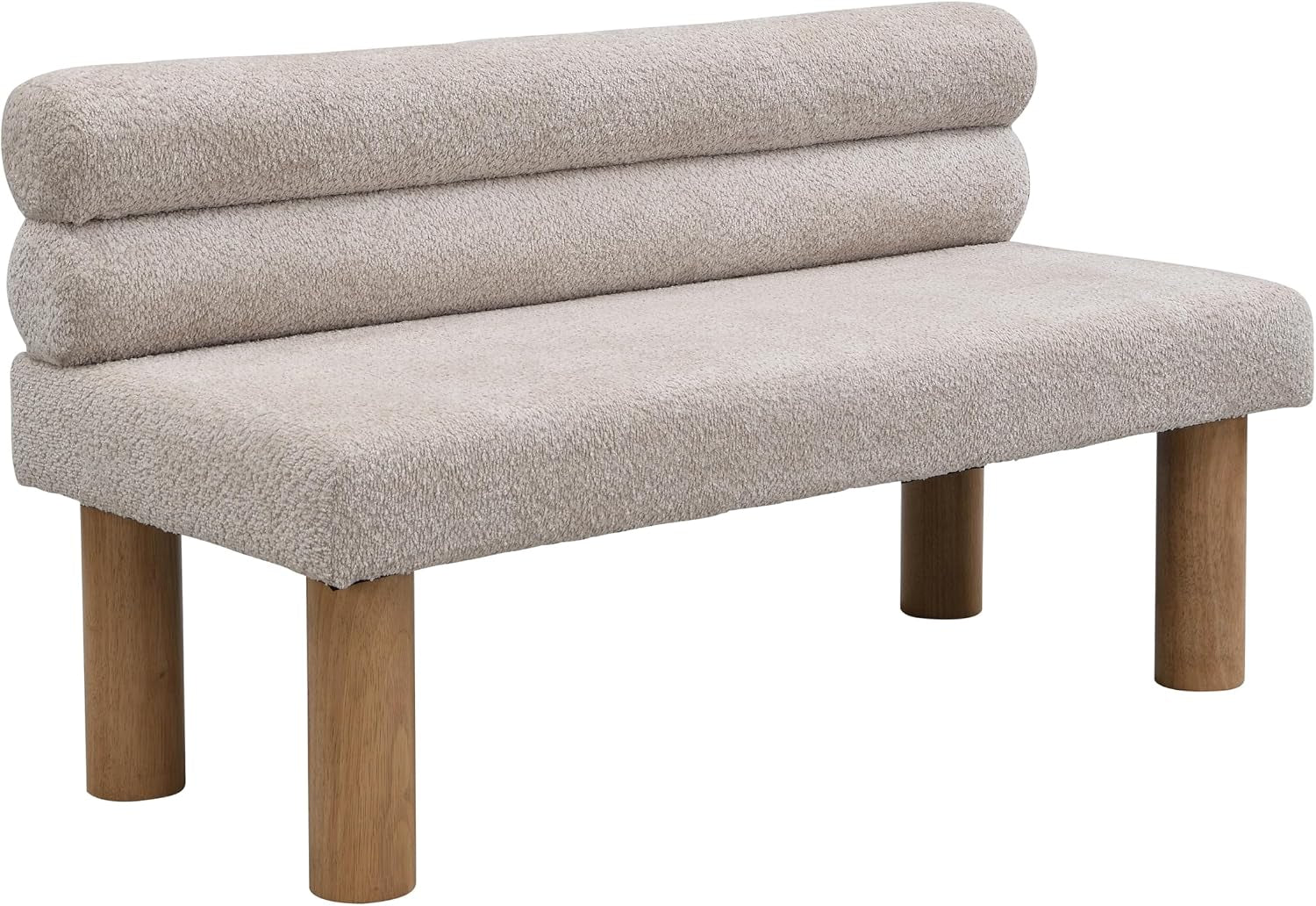 Angled three-quarter view of light beige boucle bench with cylindrical natural wood legs on white background