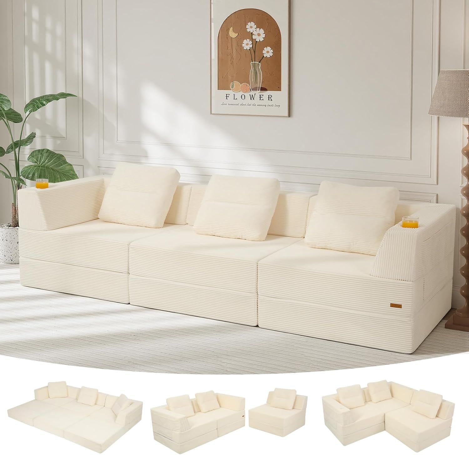 Cream-colored modular low-profile sofa in a bright room with three small inset configuration thumbnails