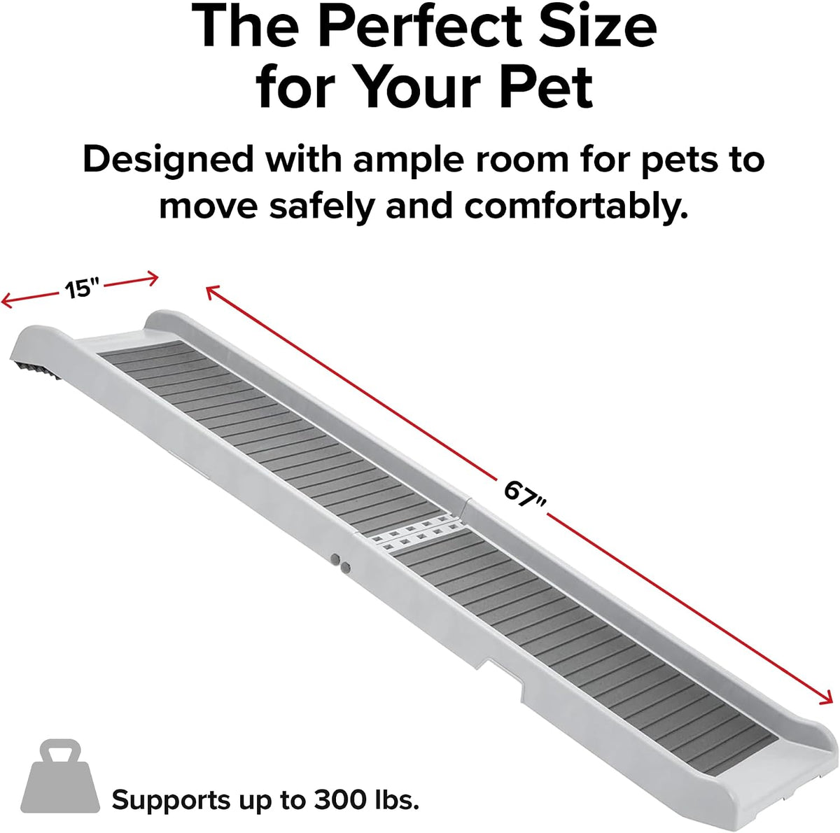 Pet ramp angled on a white background with red arrows indicating 67-inch length and 15-inch width